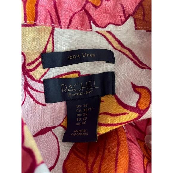 Rachel Women's Short Sleeve Hawaiian Floral 100% Linen Button Front Shirt - Picture 4 of 5